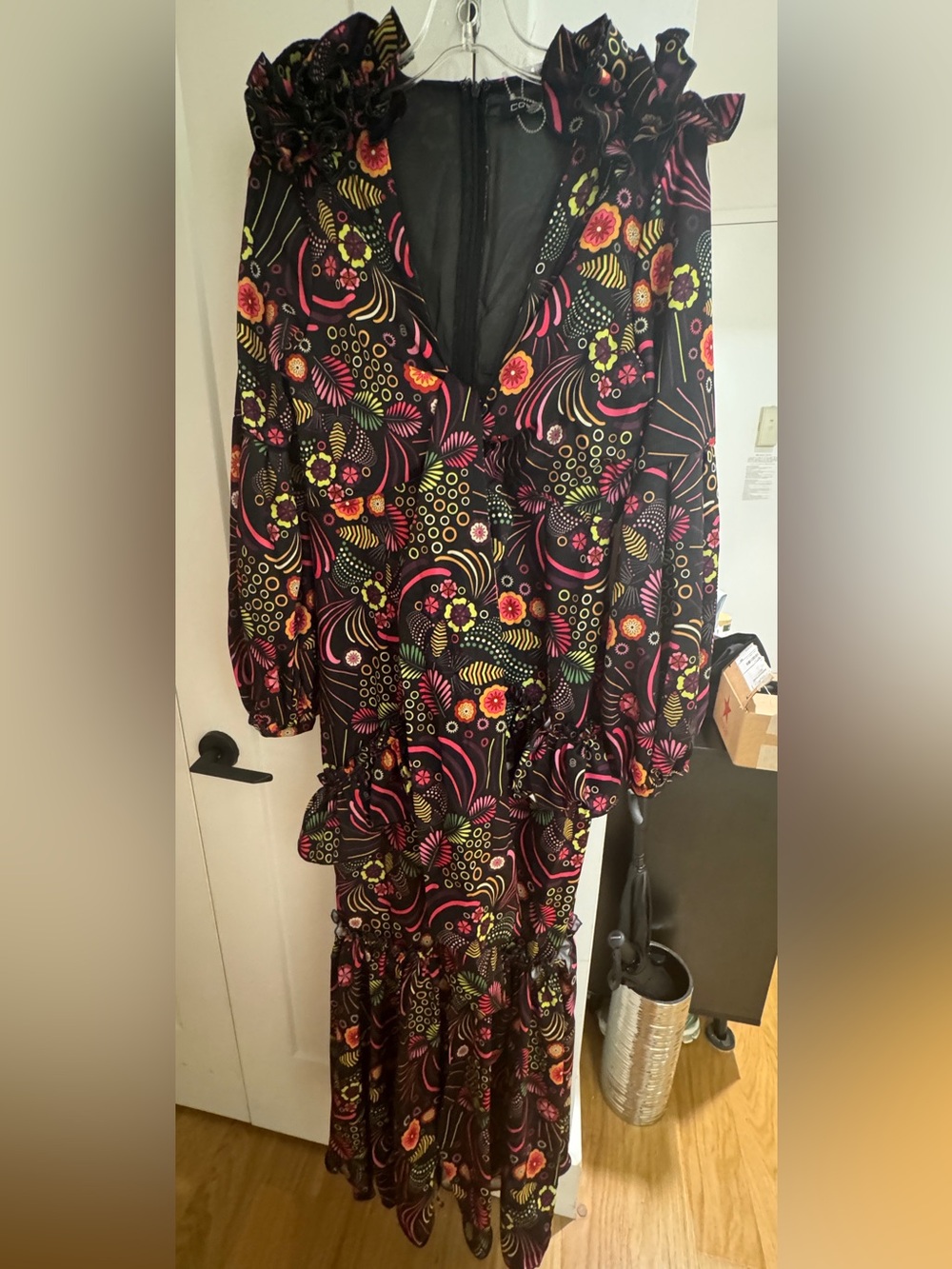 Black Floral-Print Long Sleeve Tiered Maxi Dress